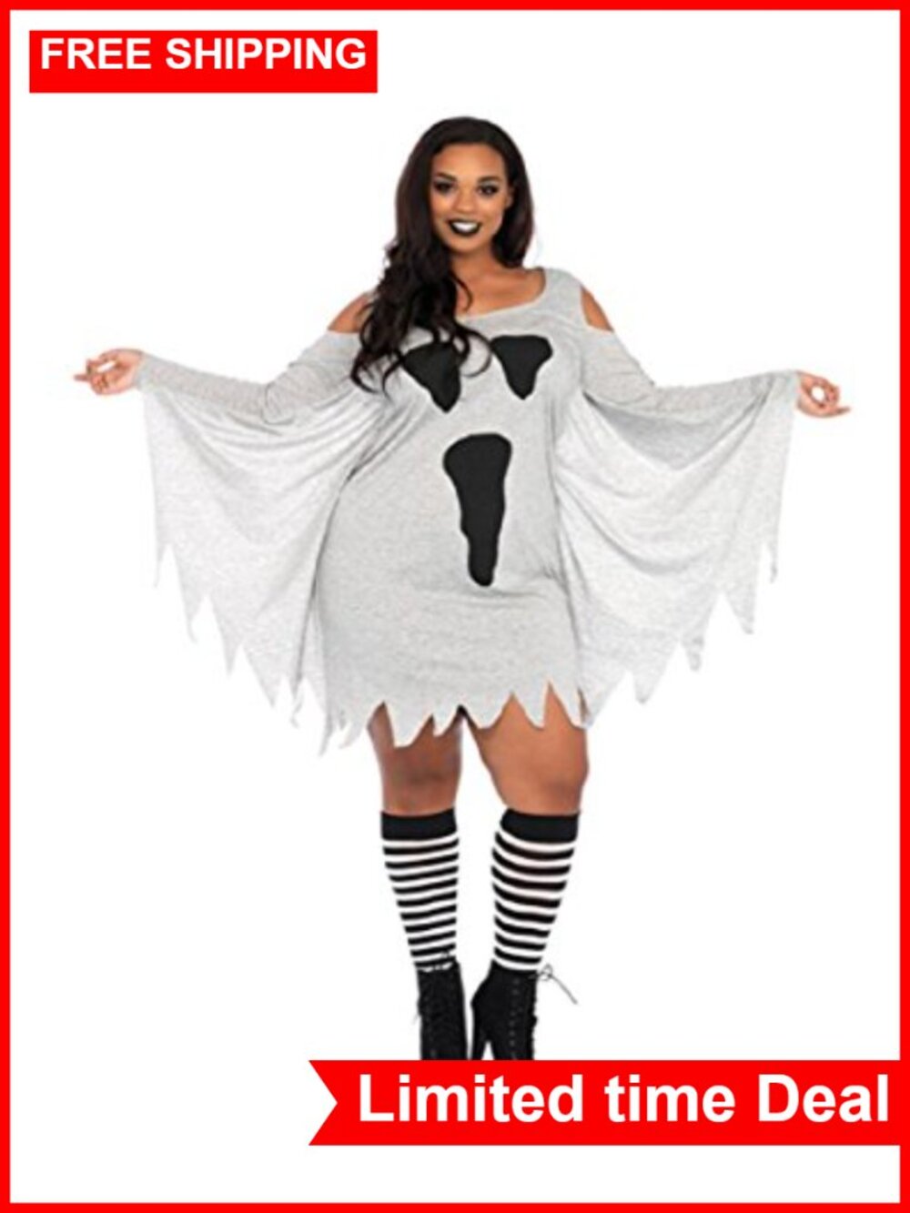 Casual Jersey Ghost Dress, Long Sleeve with Cold Shoulder, Plus Size Costume